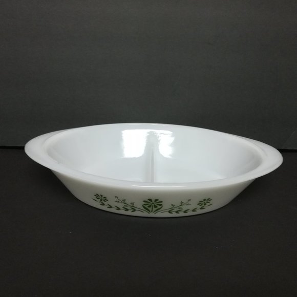 Vintage Glassbake Green Daisy Divided Oval Dish - Picture 2 of 5